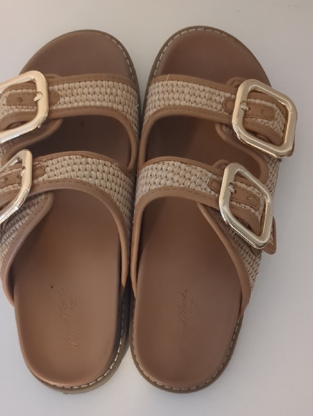 Woven Tan Slide Sandals with Gold Buckles - Women